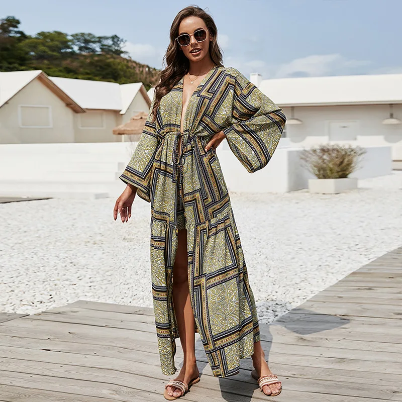 Women's Swimming Suit Coverup Pareo Swimsuit Cover Up Long Kaftan Beach Dress Plus Size Bikini Playa Tunic Salida Cardigan Retro