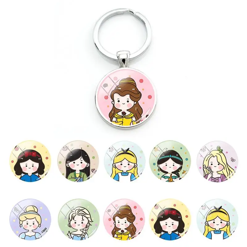

Disney Key Rings Cartoon Hand Painted Princess Image Glass Cabochon Round Pendant Keychain for Deciration Fashion Jewelry FWN369