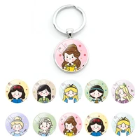 disney key rings cartoon hand painted princess image glass cabochon round pendant keychain for deciration fashion jewelry fwn369