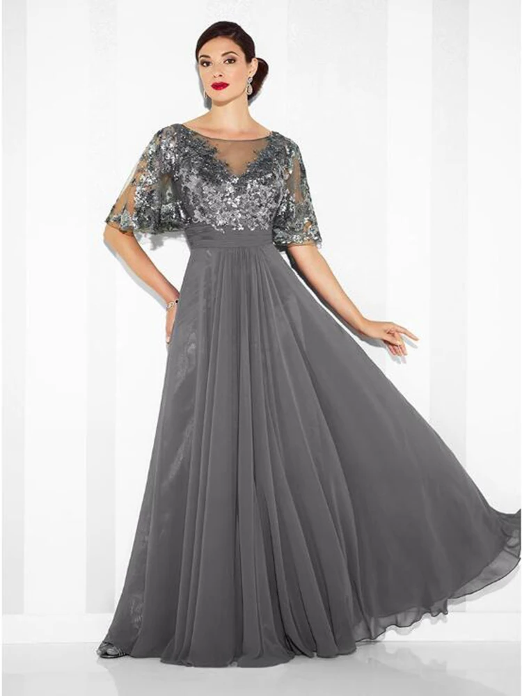 

Plus Size Mother Of The Bride Dresses A-line V-neck 1/2 Sleeves Chiffon Appliques Long Groom Mother Dresses For Wedding