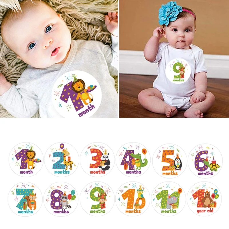 

C5AA 12 Pcs/Set Cartoon Animal Baby Monthly Stickers Photography Commemorative Card Number Photo Props Newborn Milestone Month