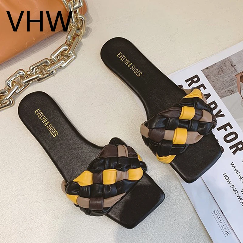 

Women Flats Summer Fashion Weave Slippers 2021 Slides Female Casual Shoes Sandals Women Luxury Designer Square Toe Slippers