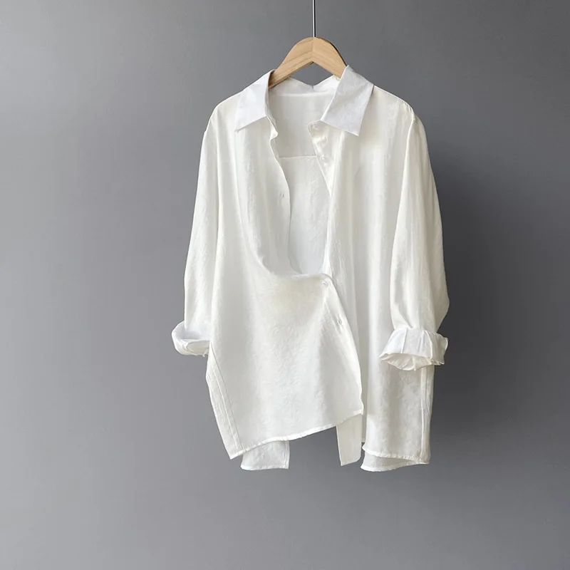 

2021 Summer Women Shirts Back Split Thin Shirt Solid Color Loose Boyfriend Top Shirts