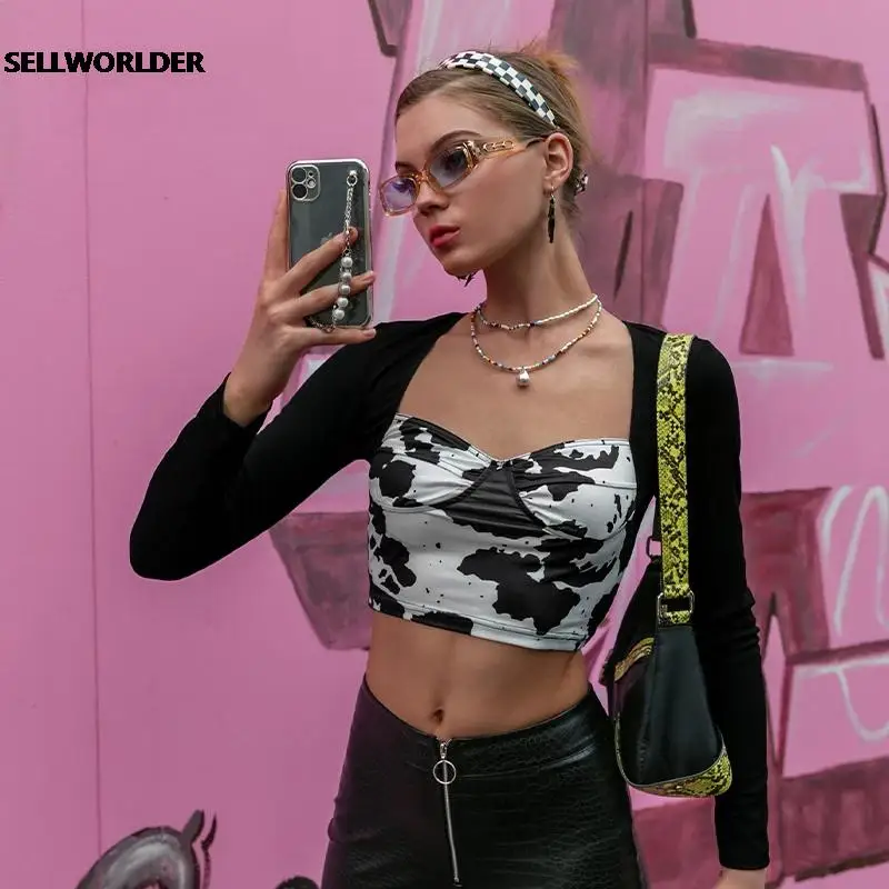 

Женский трикотажный топ с длинным рукавом, с цветочным принтом