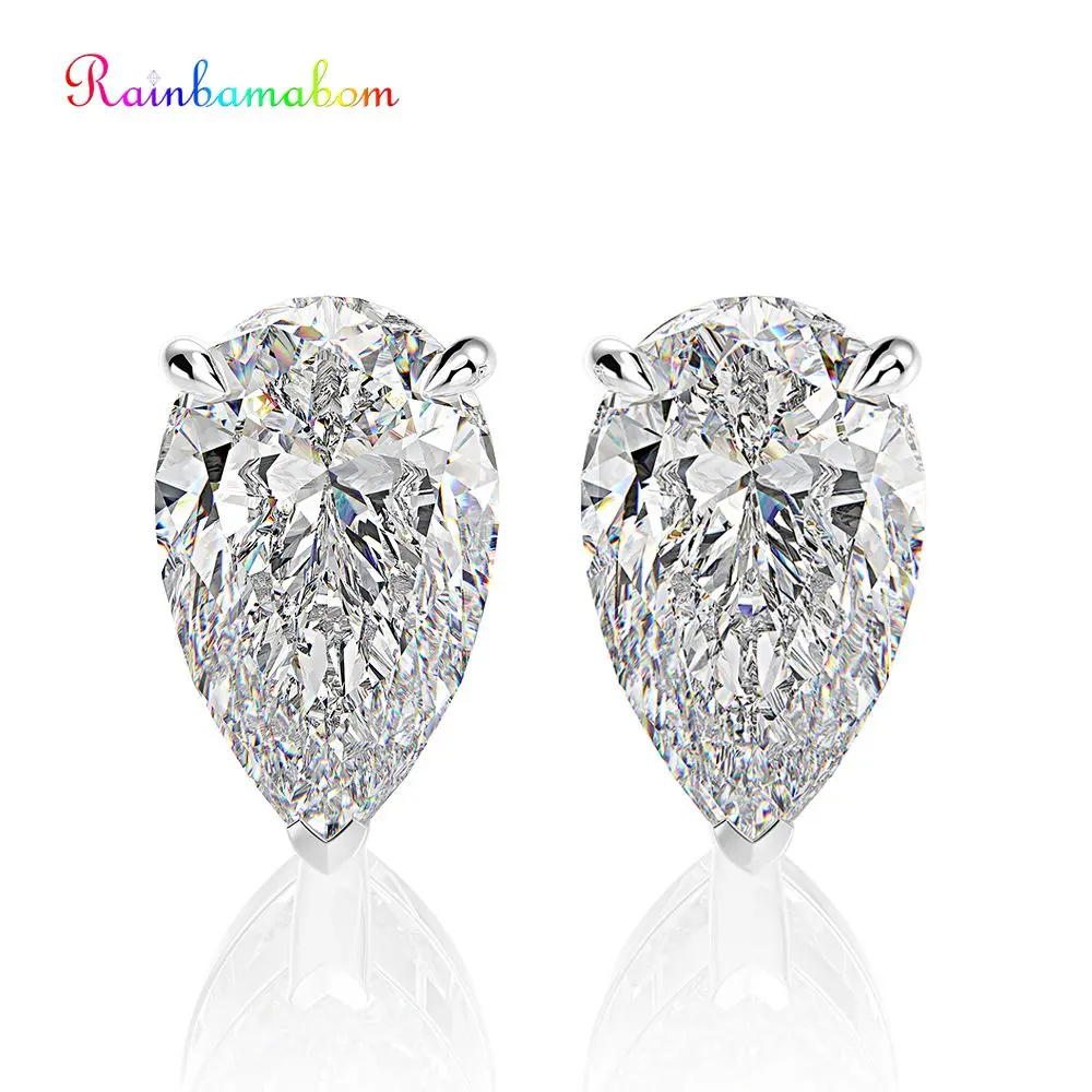 Rainbamabom 925 Sterling Silver Pear Water Drop Created Moissanite Gemstone Ear Studs White Gold Earrings Fine Jewelry Wholesale