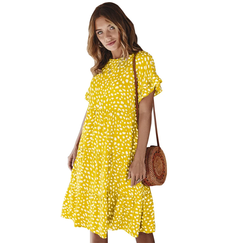 

2021 New Midi Dress Female Fashions Polka Dot Print Short Sleeve O-neck Women Dresses Bohemian Casual Beach Holiday Sundress