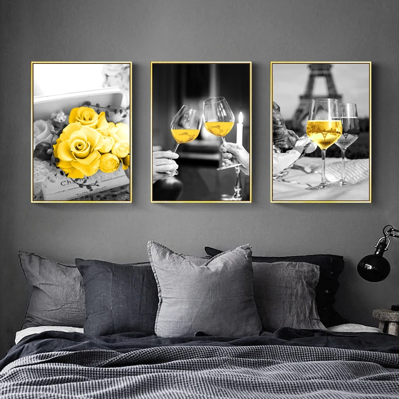 

Modern Yellow Wine Clink Glasses Liquor Wall Art Painting Nordic Kitchen Wall Art Pictures Living Room Mural Decor Posters