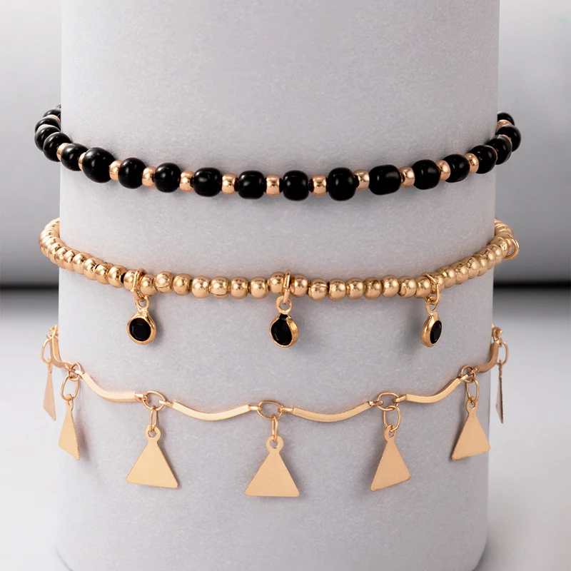 

docona Bohemian Triangle Tassel Anklets for Women Trendy 3pcs/set Charms Beads Adjustable Foot Chains Party Jewelry 20960