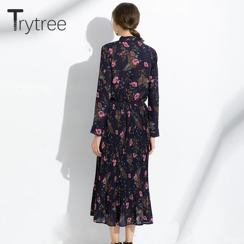 Trytree 2019 осеннее женское Повседневное платье с бантом и цветочным принтом