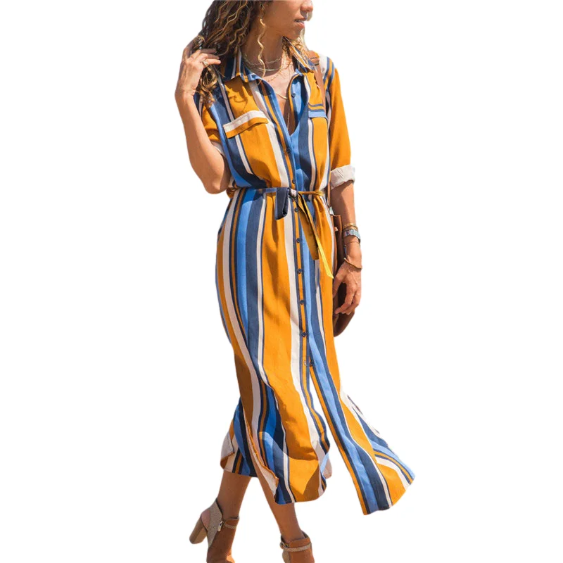 2019 отложной воротник Офисная Женская рубашка в полоску платье длинное шифоновое