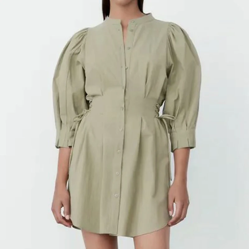 

Za 2021 Women Solid Side Lace-up Slim Mini Dress Three Quarter Sleeve Office Lady Temperament Dress OZZ1260