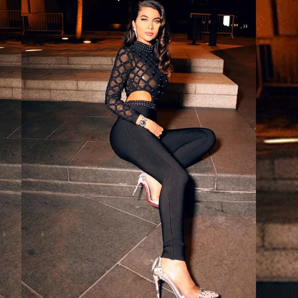 Модные черные с длинным рукавом 2019 сексуальные бусы сетка для женщин