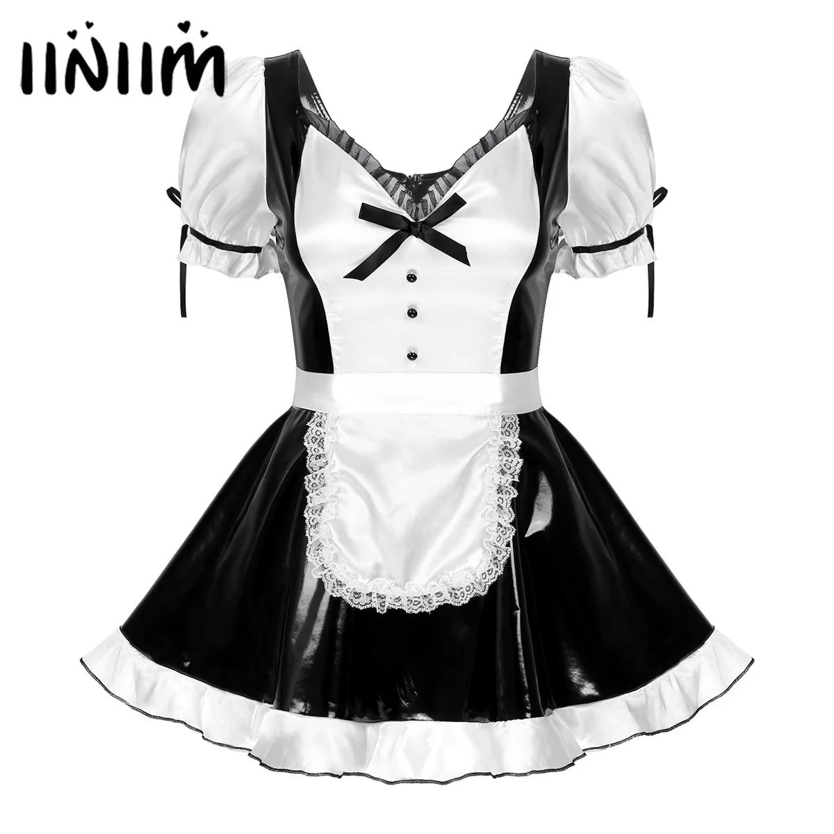 

Women Halloween Role Play Maid Outfits Theme Party Costume Puff Sleeve Ruffled Layered Flared Patent Leather Dress with Apron