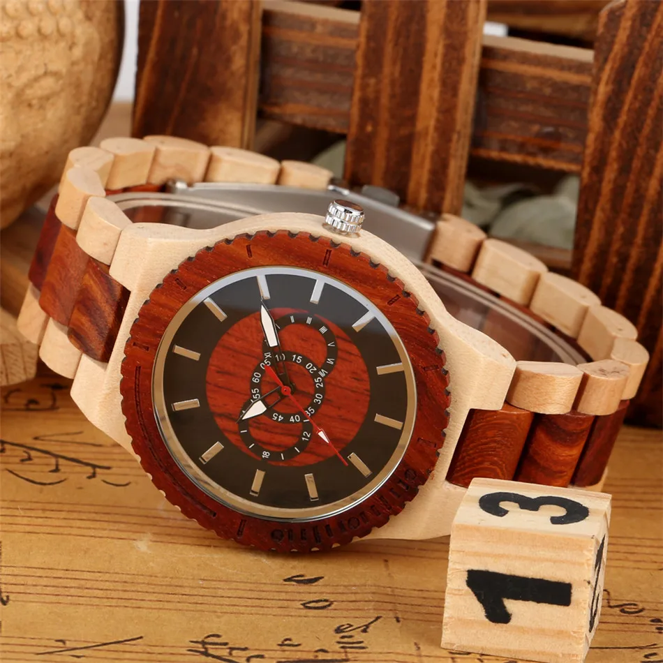 

REDFIRE Luminous Hands Red Gears Design Men Wood Watch Quartz Timepiece Natural Stylish Men's Wooden Timepiece Gifts