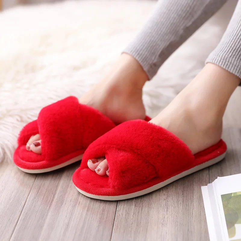 Red Cross Non-slip Faux Fur Winter Women Slippers Home Female Comfort Floor Women Shoes Cotton Ladies Indoor Slippers Plush Slipper Unisex - Цвет: Red Cross