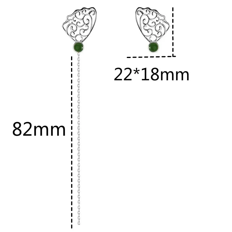 

925 Sterling Silver Butterfly Wings Long Tassel Jade Earrings For Women Luxury Ethnic Style Lady Party Handmade Fine Jewelry