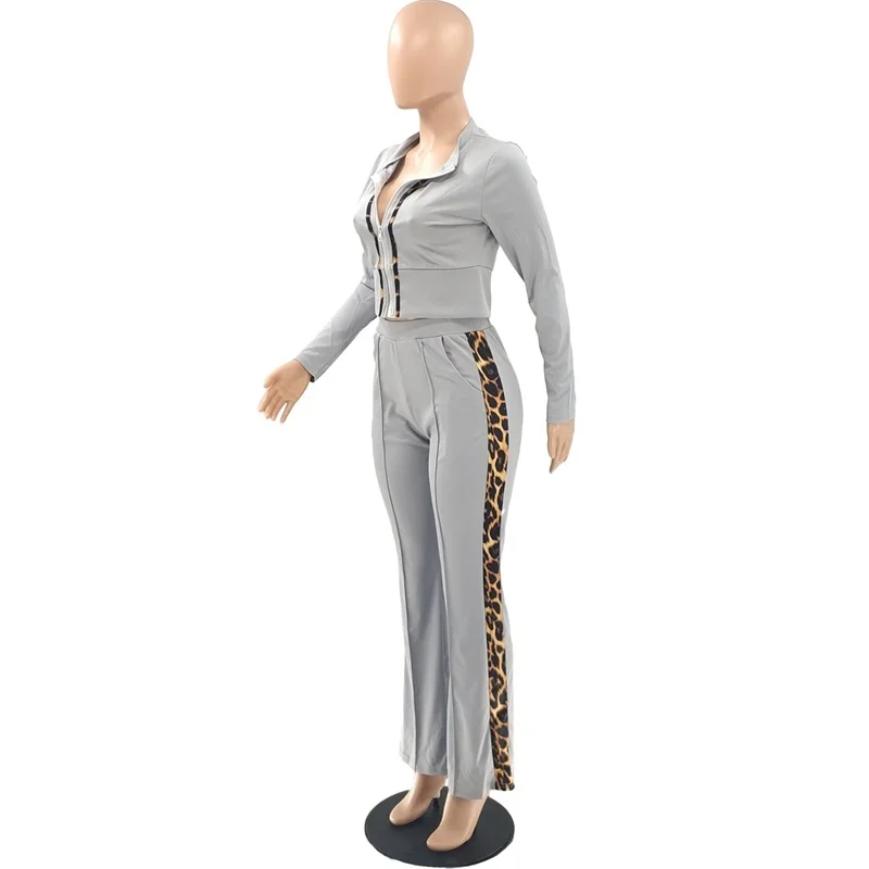 

Fashion Women's Side Leopard Printed Casual Two Pieces Set Zipper Jacket With Pants Two-piece Set Women's Fashion