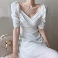 retro v neck slim waist women dress elegant puff sleeve white female long dress korean summer party vestidos femme maxi dresses