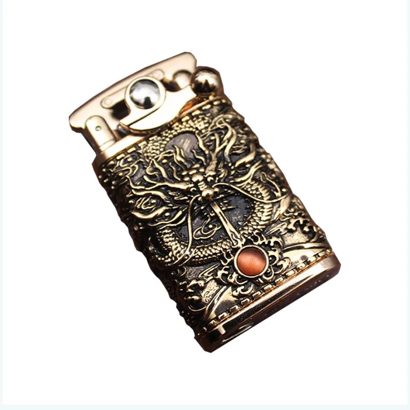 

Dragon Relief Flint Lighter Brass Metal Men Gadgets Kerosene Oil Gasoline Lighter Trench Copper Gas Grinding Wheel Cigarette