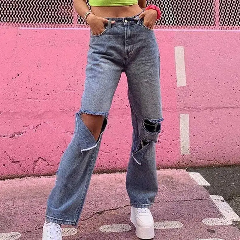

High Waist Jeans Korean Streetwear Women Straight Loose Destroyed Hole Denim Trousers Casual Vintage Wide Leg Pants High Street