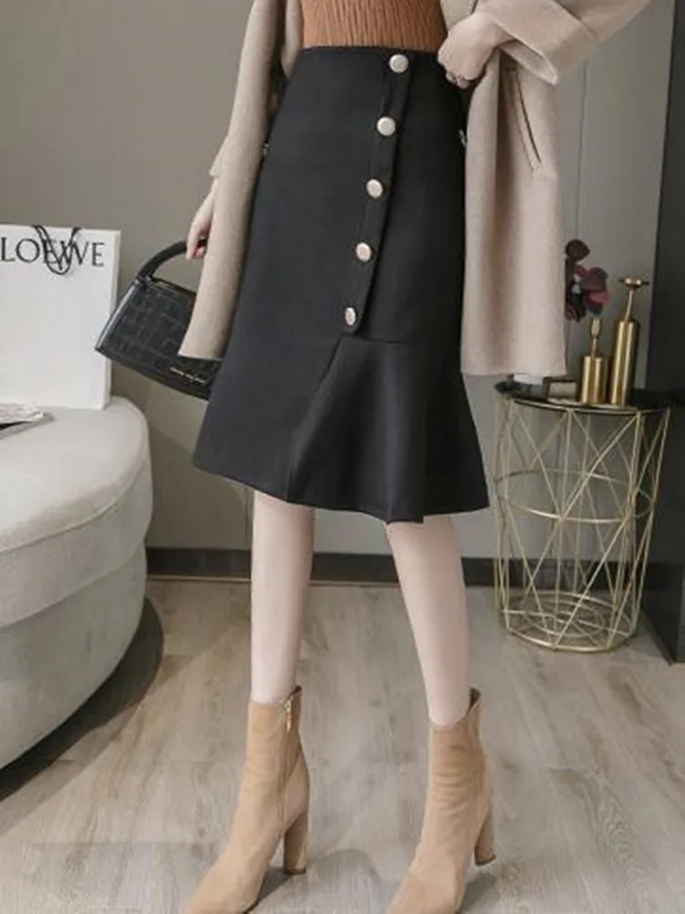

High Waist Woolen Skirts Womens Autumn Winter Solid Fit Slim A-line Skirt Femme Work Office OL Knee-Length Skirts J945