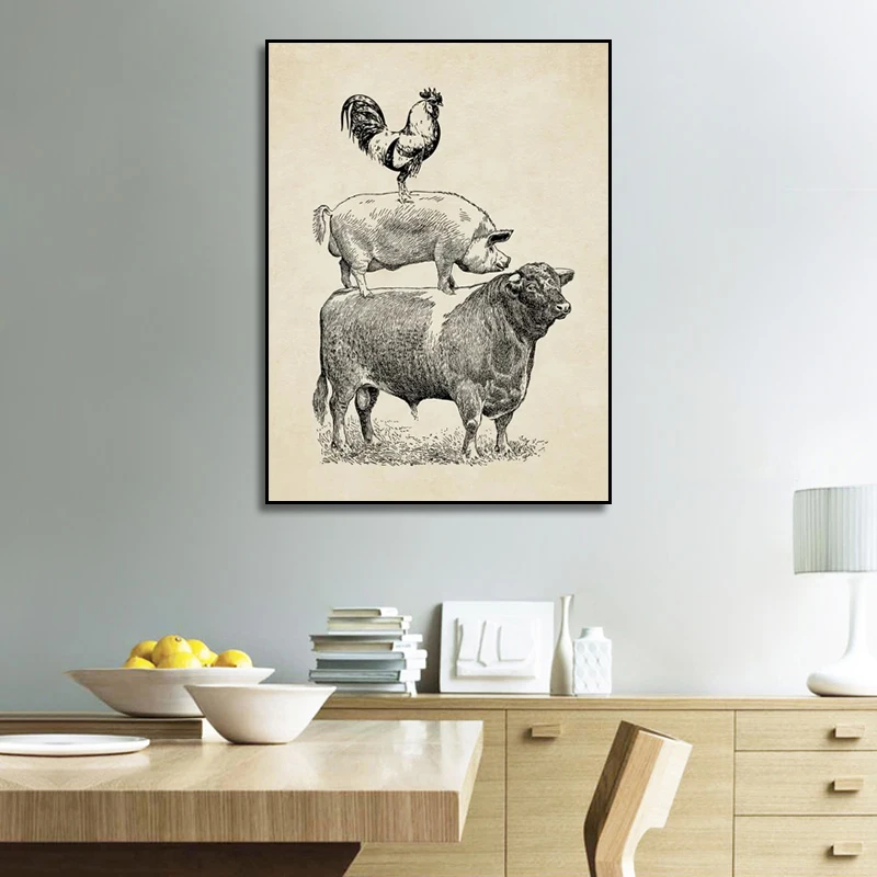 Винтажный постер для кухни на ферме птицы коровы свиньи курицы Декор французское