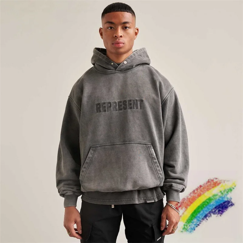 

Nice Washed Represent Embroidery Hoodie Men Women 1:1 Best Quality Vintage Represent Hoodie Hooded Overhead Sweatshirts
