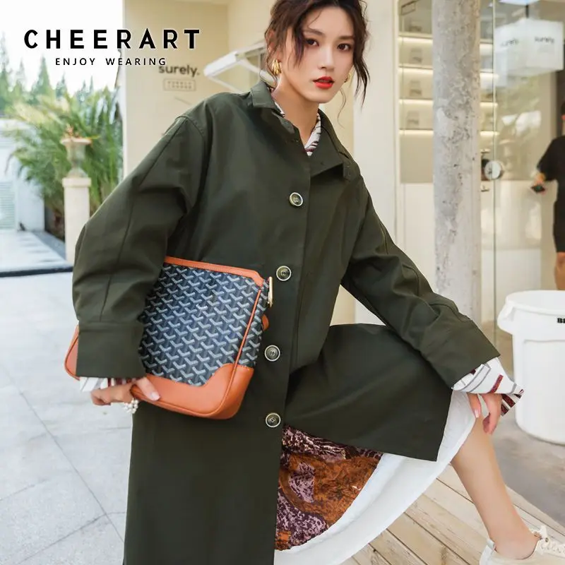 Cheerart осень плащ зеленое армейское длинное пальто Свободный плащ пальто ветровка плащ Femme Duster пальто