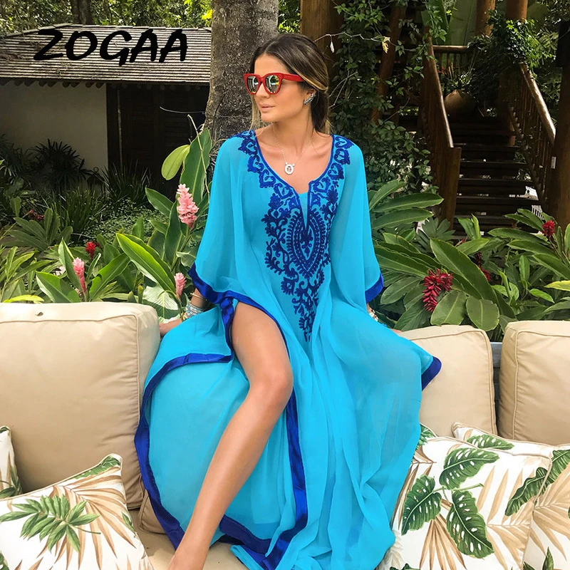 

ZOGAA Boho Vocation Dresses For Women Plus Size Long Chic Casual Autumn Beach Bohemian Chiffon Embroidered Loose Women Vestidos