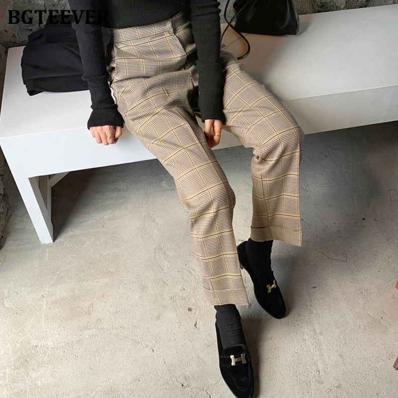 BGTEEVER винтажные прямые клетчатые женские брюки Осень зима полуэластичная Талия