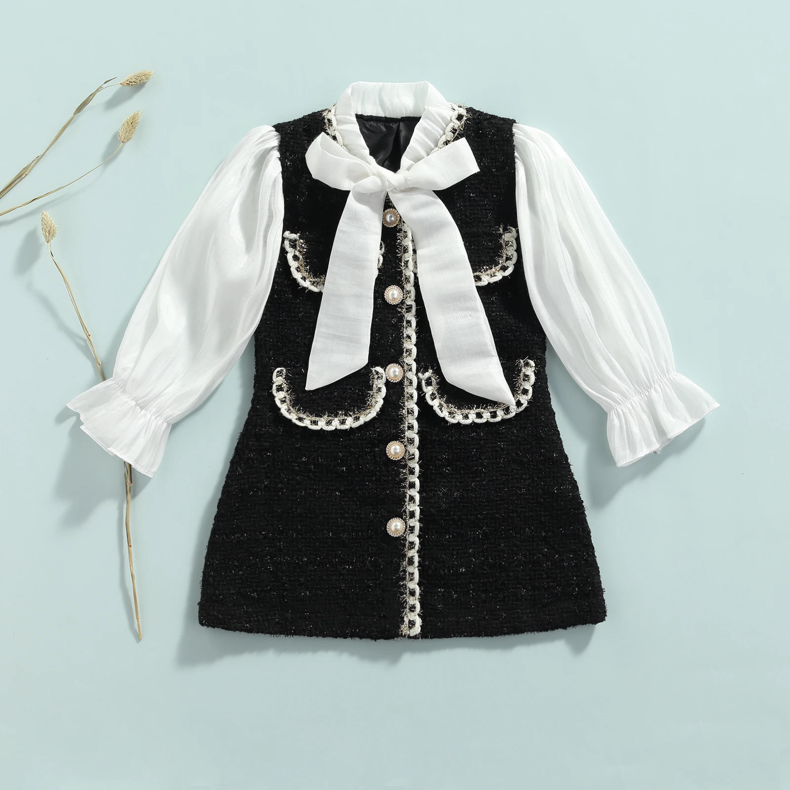 

Autumn Infant Princess Dress Girls Outfit Single-breasted Color Block Long Sleeve Round Neck with Bow Dress 2021
