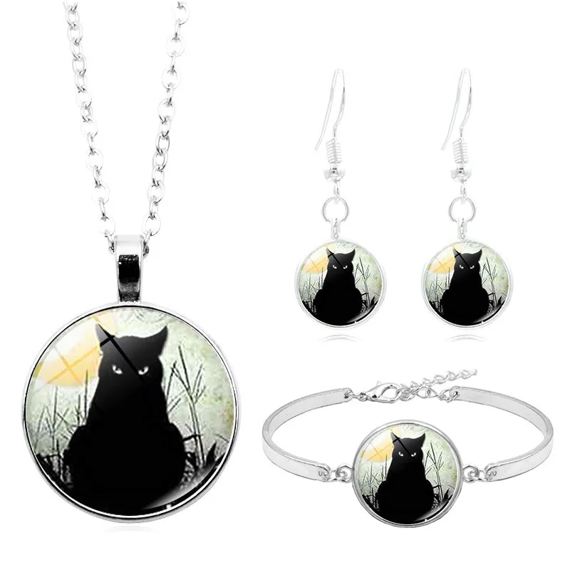 

Moon Black Cat Cabochon Glass Pendant Necklace Bracelet Bangle Earrings Jewelry Set Totally 4Pcs for Women's Fashion Jewelry