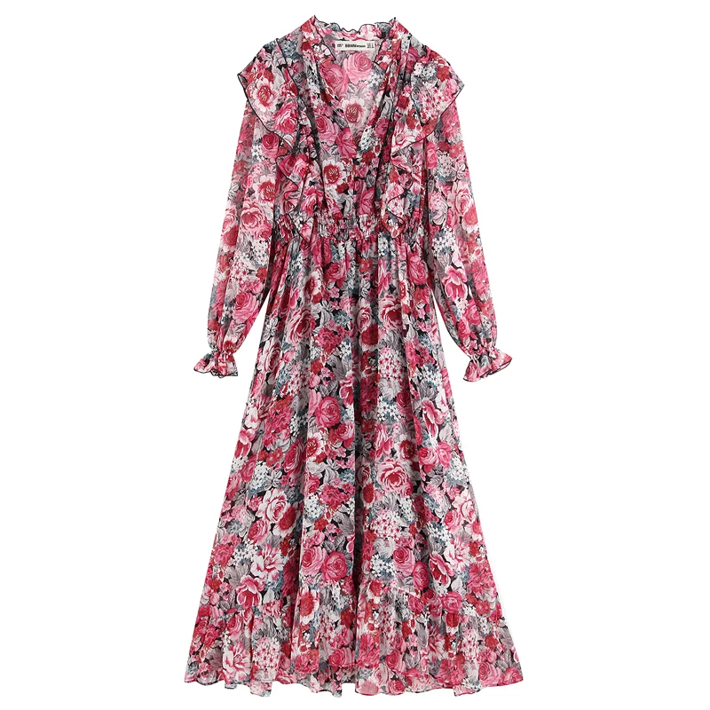 AGong каскадные Платья с цветочным принтом и рюшами женское модное платье v