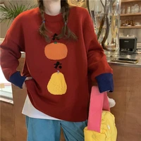 round neck pullover knitted sweater women oranges and pears print good luck new years clothing loose thick knitwear tops