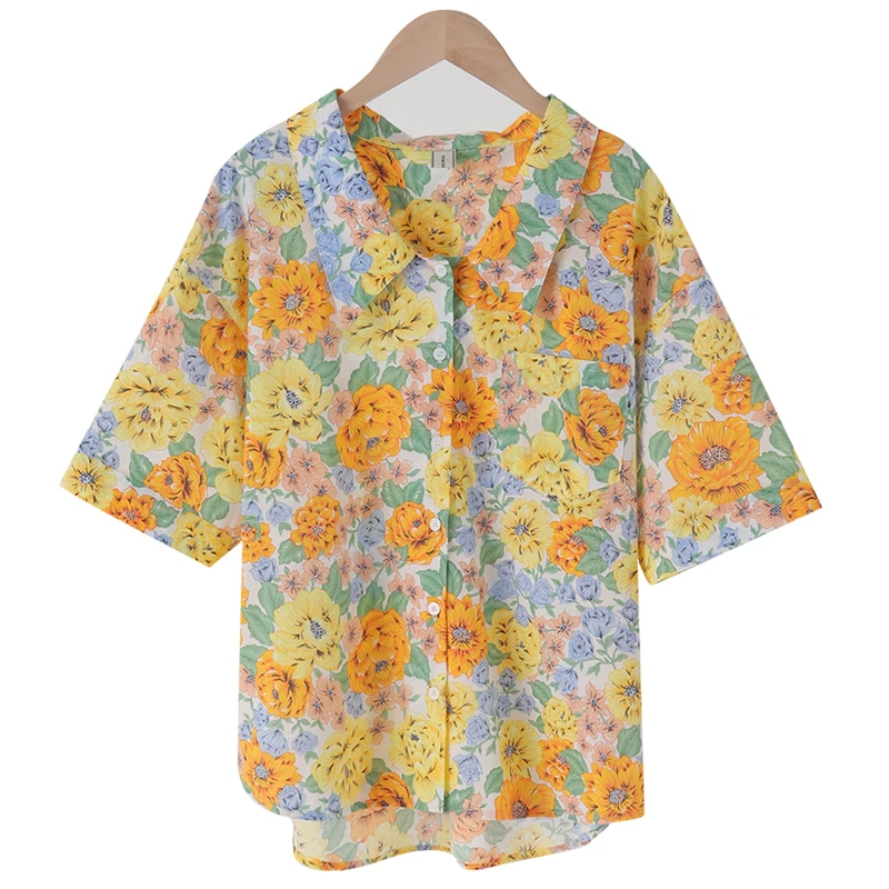 

Korejpaa Women Shirt 2021 Summer Korean Chic Western Style Retro Flower Oil Painting Lapel Single-Breasted Short-Sleeved Blouses