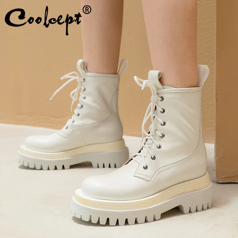 

Coolcept Real Leather Woman Ankle Boots Fashion Platform Winter Shoes Woman Warm Thick Heel Short Boot Lady Footwear Size 34-40