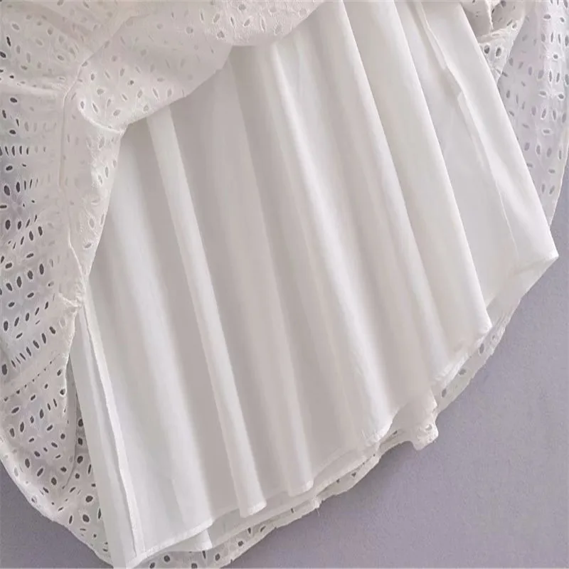 

2021 ZA Openwork Embroidered Summer Dress Women Puff Sleeve Adjustable Drawstring Waist White Party Dresses Lining Vestidos