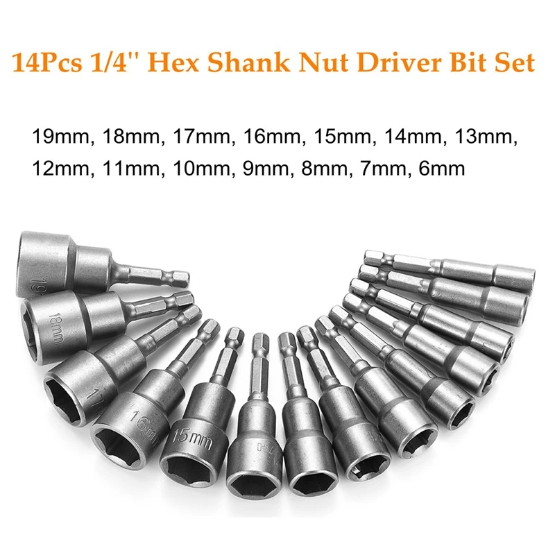 14Pcs 6-19Mm Grey Adapter Drill Bit 1/4 Inch Socket Magnetic Nut Driver Set For Power Drills Steel Hex Shank Magnet Holds | Инструменты