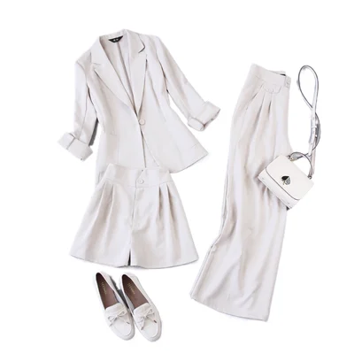 

Fashion Plaid suit female summer autumn New high quality creamy-white casual suit + High waist wide leg pants shorts set women