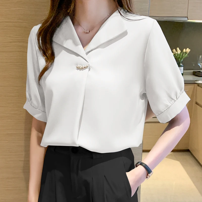 

2021 Summer Shirt Female Elegantes White Chiffon Korean Short Sleeve Loose V-neck Women's Tops and Blouses Solid Beading 1194