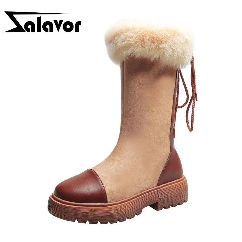 ZALAVOR/женские сапоги до середины икры на толстой платформе зимние теплые меховые