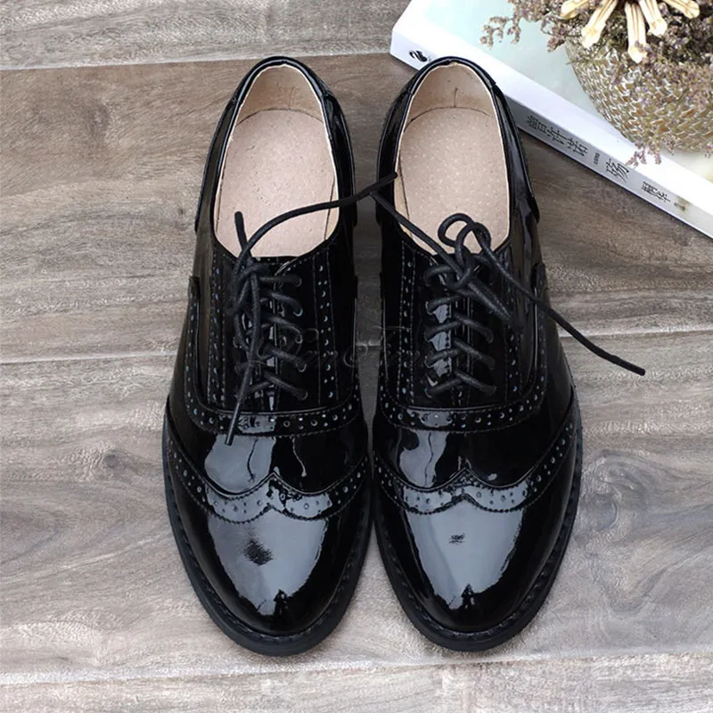 black patent Женские туфли-оксфорды на плоской подошве; весенняя обувь для женщин; летние туфли из натуральной кожи на плоской подошве; винтажные лоферы на шнурках; повседневные кроссовки; - Цвет: black patent