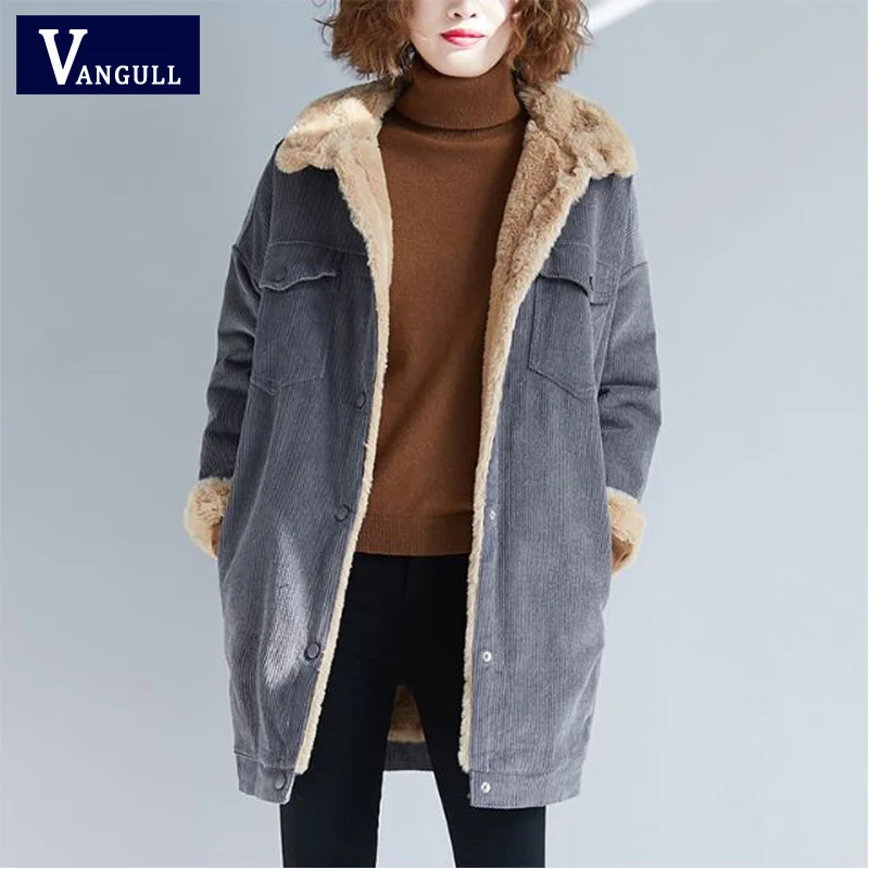 Vangull осенне зимняя Вельветовая Базовая длинная куртка бомбер из овечьей шерсти