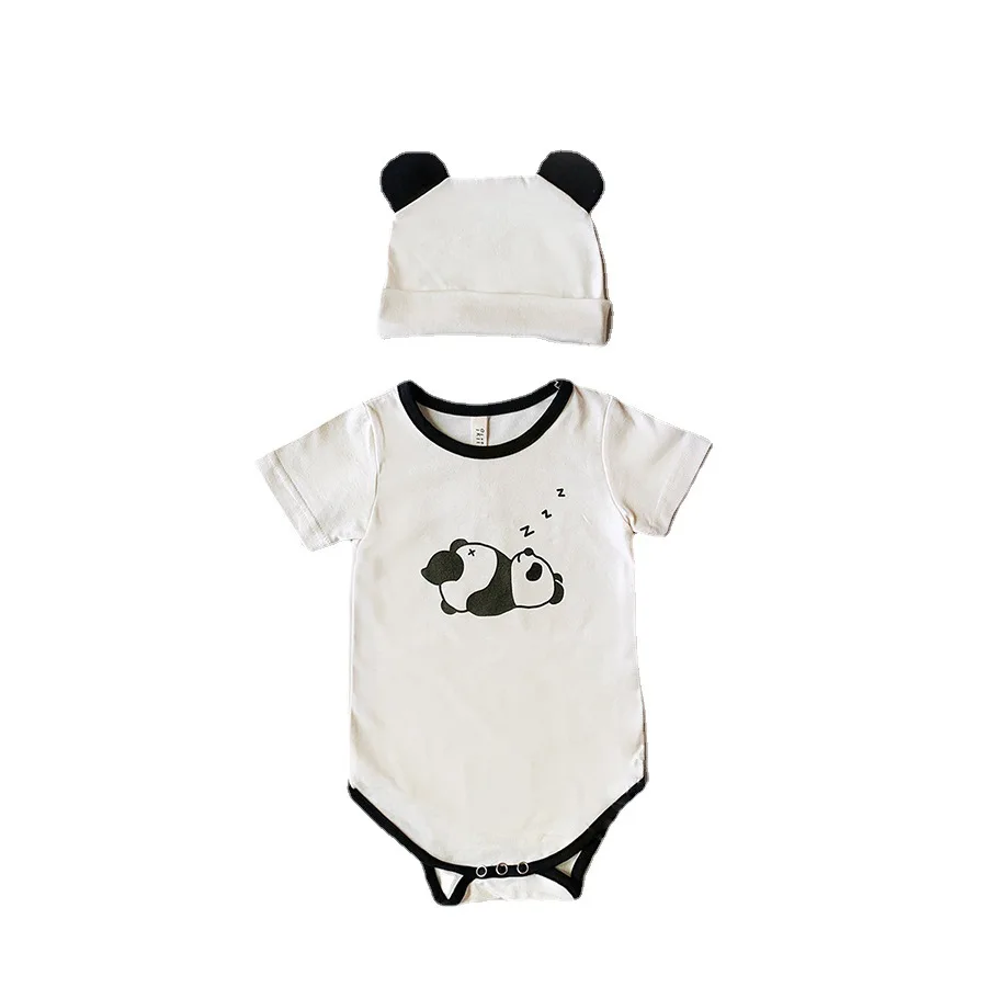 

Newborn Baby Girl Cotton Panda Printed Pattern Bodysuit Summer New Toddler Boy Panda Tail Decoration Bodysuits+panda Ear Hat