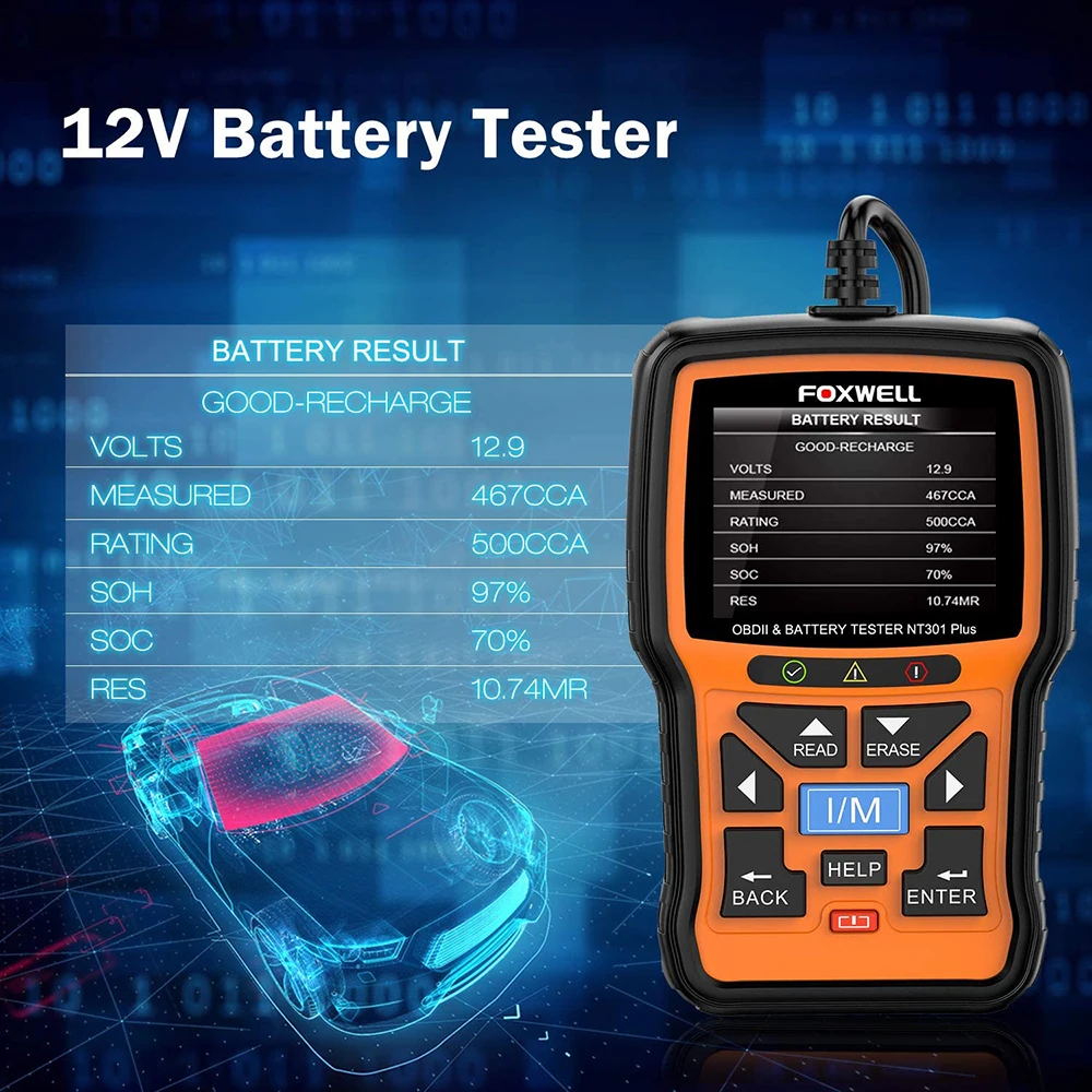 FOXWELL NT301 Plus OBD2 сканер 12 В тестер автомобильного аккумулятора EOBD OBDII считыватель