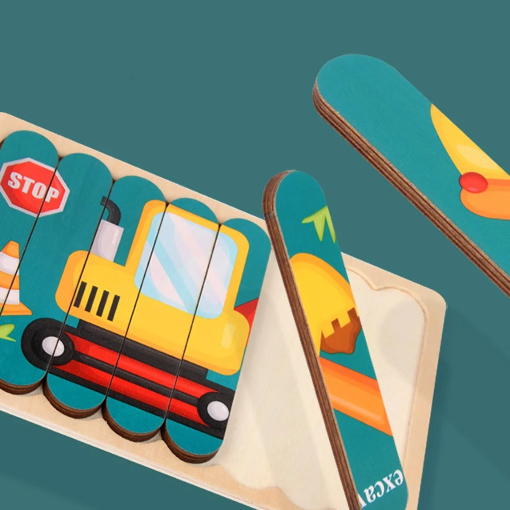 Детский деревянный мультяшный автомобиль двухсторонний пазл с животными