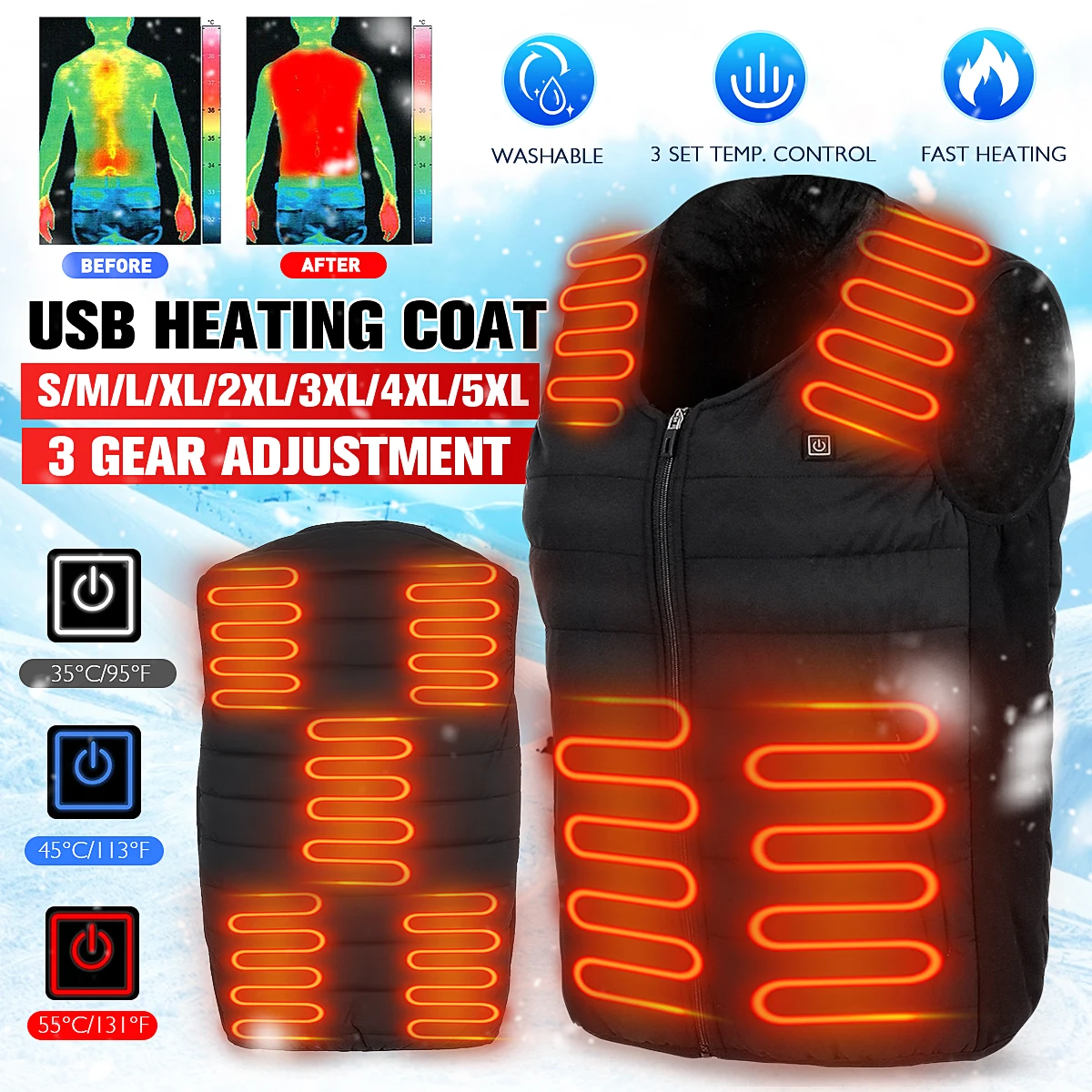 

9 Area Heated Electric Jacket Vest 3 speed Men Women For Camping Sportswear Thicken Heated Jacket USB Vest Jacket Ultra Light