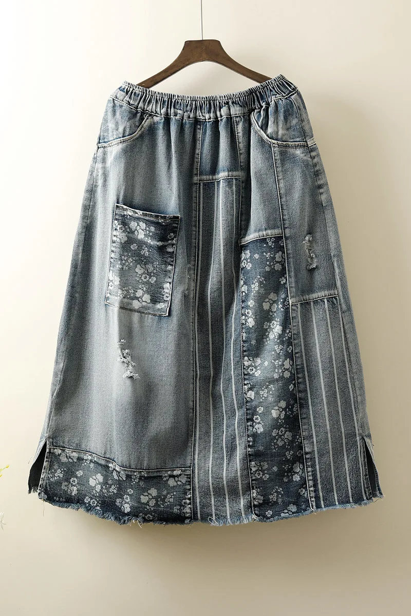 

Vintage denim skirt elastic waist stripe patch design skirt casual female summer skirts