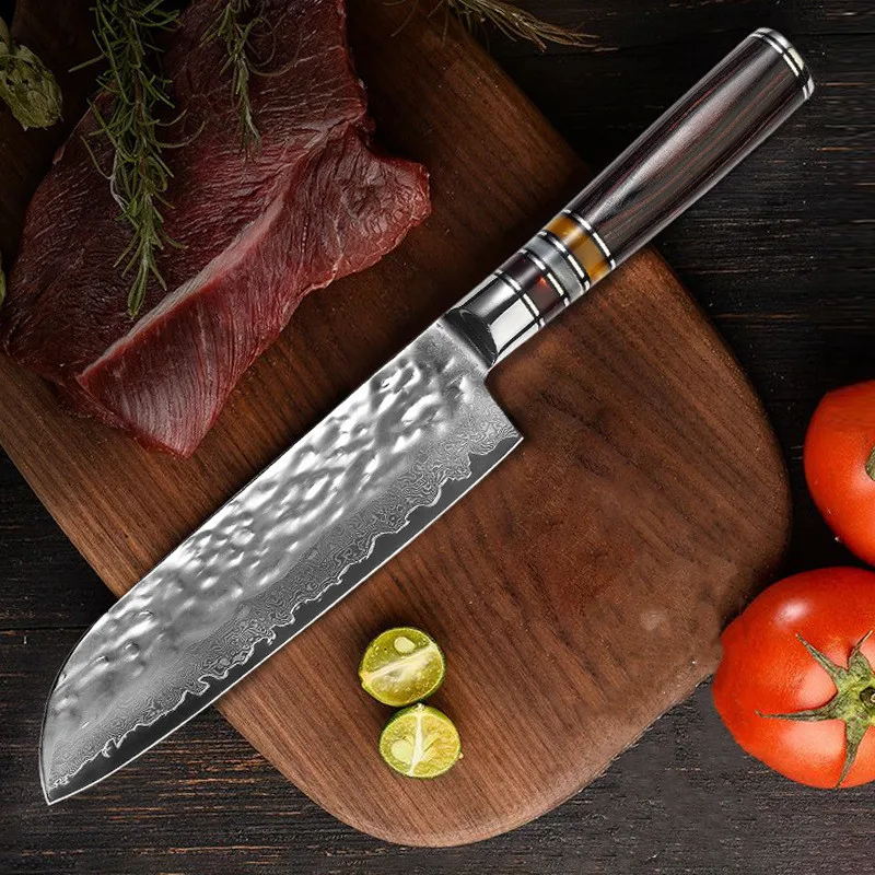 

Дамасская сталь, Чеканный кухонный нож, кулинарный нож, нож для нарезки мяса, суши, нарезки замороженного мяса, фруктов и овощей