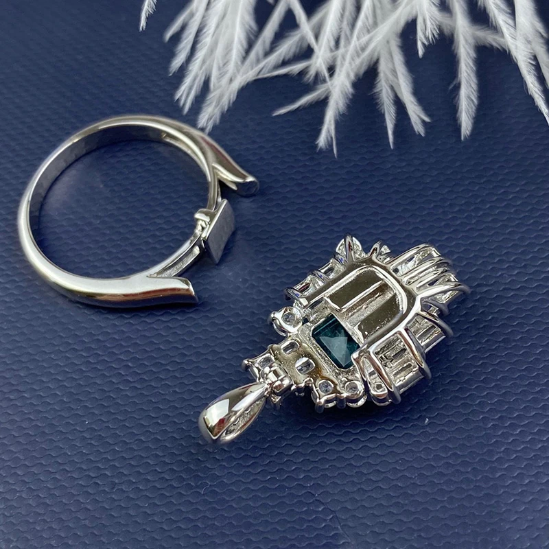 Luomansi 4 Carat Aquamarine Geometric Ring / Necklace Dual-use High Jewelry 100%-S925 Sterling Silver Woman Gift | Украшения и